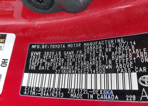 2014 Toyota Corolla L/Le/Le Pls/Prm/S/S Pls from USA, damaged, VIN 2T1BURHE5EC214500